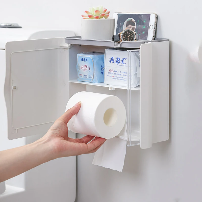 Toilet Paper Holder Waterproof Wall Shelf for Toilet Paper Tray Roll Paper Towel Holder Makeup Storage Bathroom Accessories Set