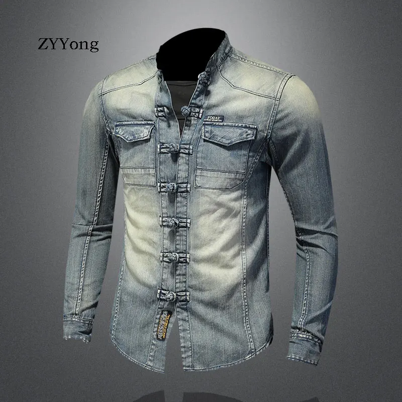 Fashion Long Sleeve Stand Collar Men\'s Denim Shirt Slim Soft Comfortable Motorcycle Style Streetwear Leisure Blue Thin Coat