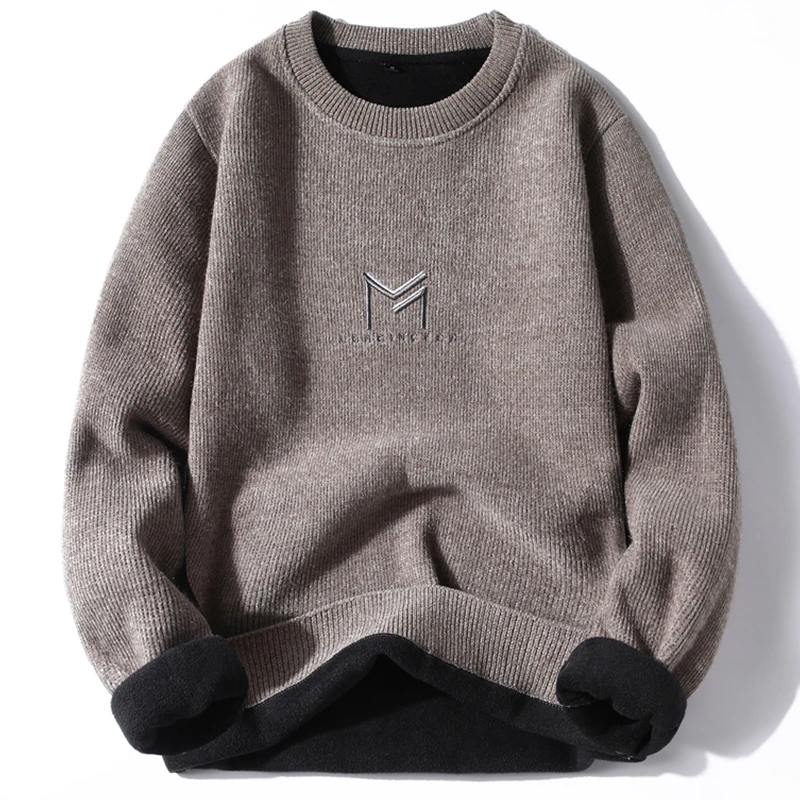 Autumn and winter men's thick fleece wool round collar hoodie new pullover casual warm knit sweater trend men's wear