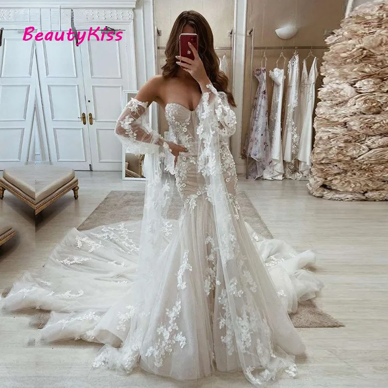 Spitze Lange Puff Ärmeln Brautkleider Schatz Appliques Gericht Zug Brautkleider Meerjungfrau Braut Kleid Plus Größe