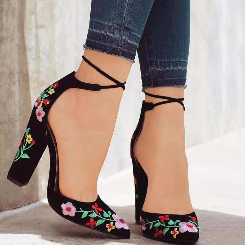 Women High Heels Plus Size Embroidery Pumps Flower Ankle Strap Shoes Female Two Piece Sexy Party Wedding Pointed Toe tyh78