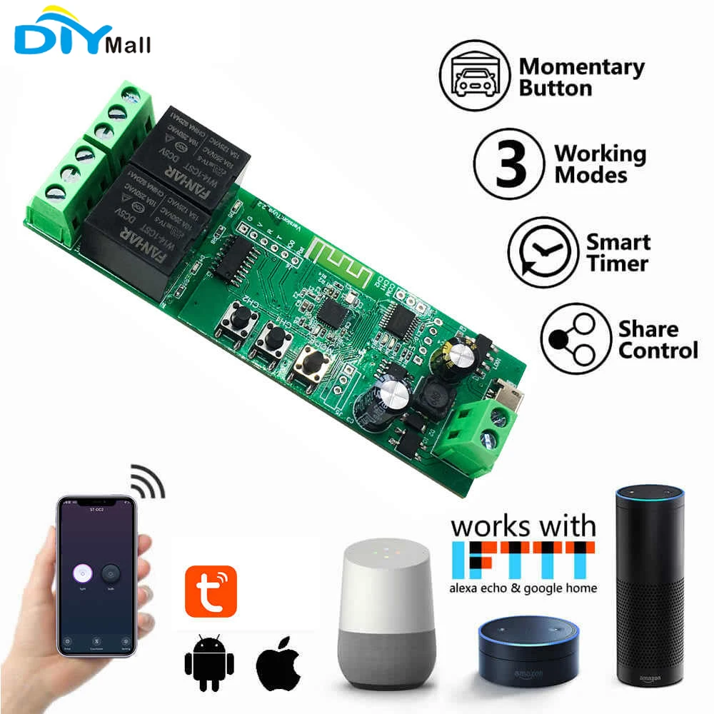 2 Channel Tuya WiFi Relay Module Wireless Dry Contact Switch Momentary Inching/Selflocking/Interlock Tuya Smart Life