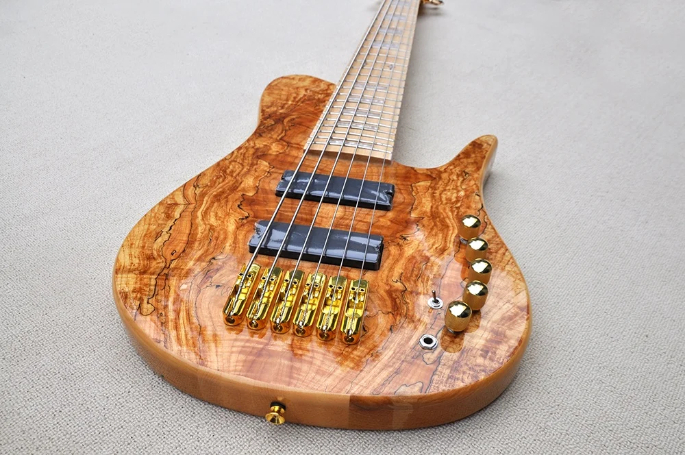 6 Strings Natural Electric Bass Guitar with Active Circuit,Spalted Maple Veneer,Maple Fretboard