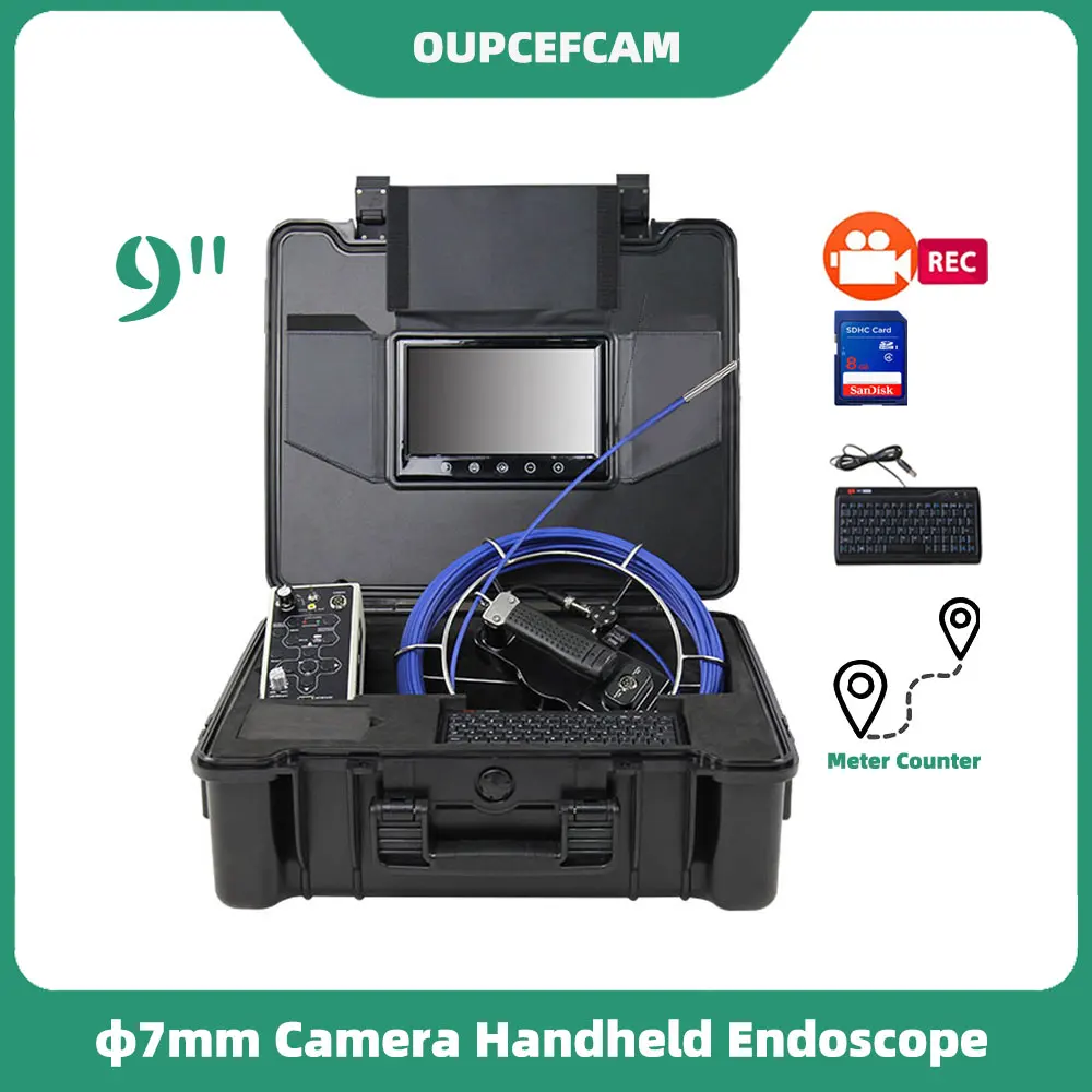 

φ7mm Camera Drain Sewer Pipe Inspection Endoscope System 9" Touch Screen DVR Keyboard Meter Counter φ5mm Fiberglass Calble