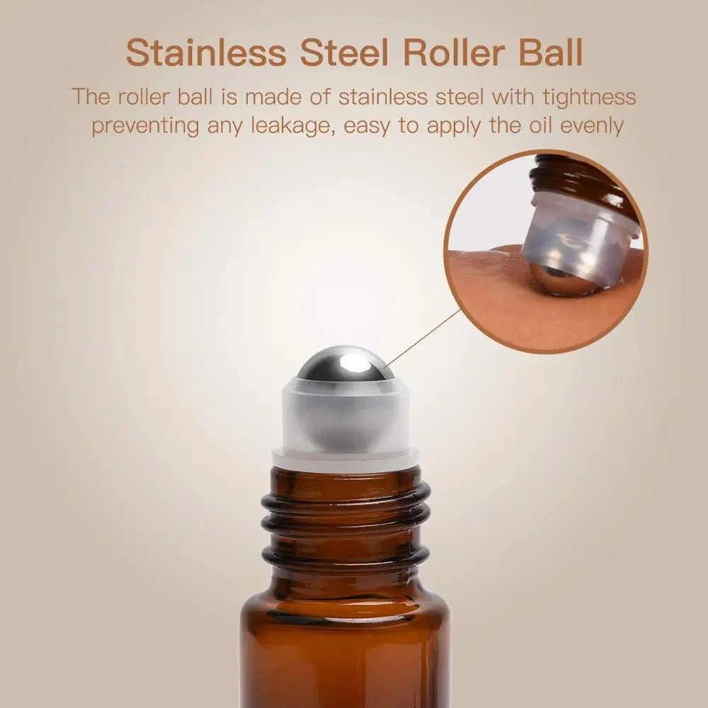 48Pack 10ML Amber Essential Oil Roller Bottle Glass Empy Roll on Bottle Containers With Metal Balls For Perfume Lip Balm