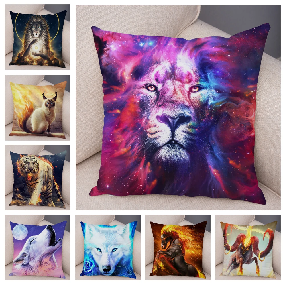 Water Color Mythology Lion Wolf Pillowcase Decor Cartoon Animal Cushion Cover for Sofa Car Home 45x45cm Soft Plush Pillow Case