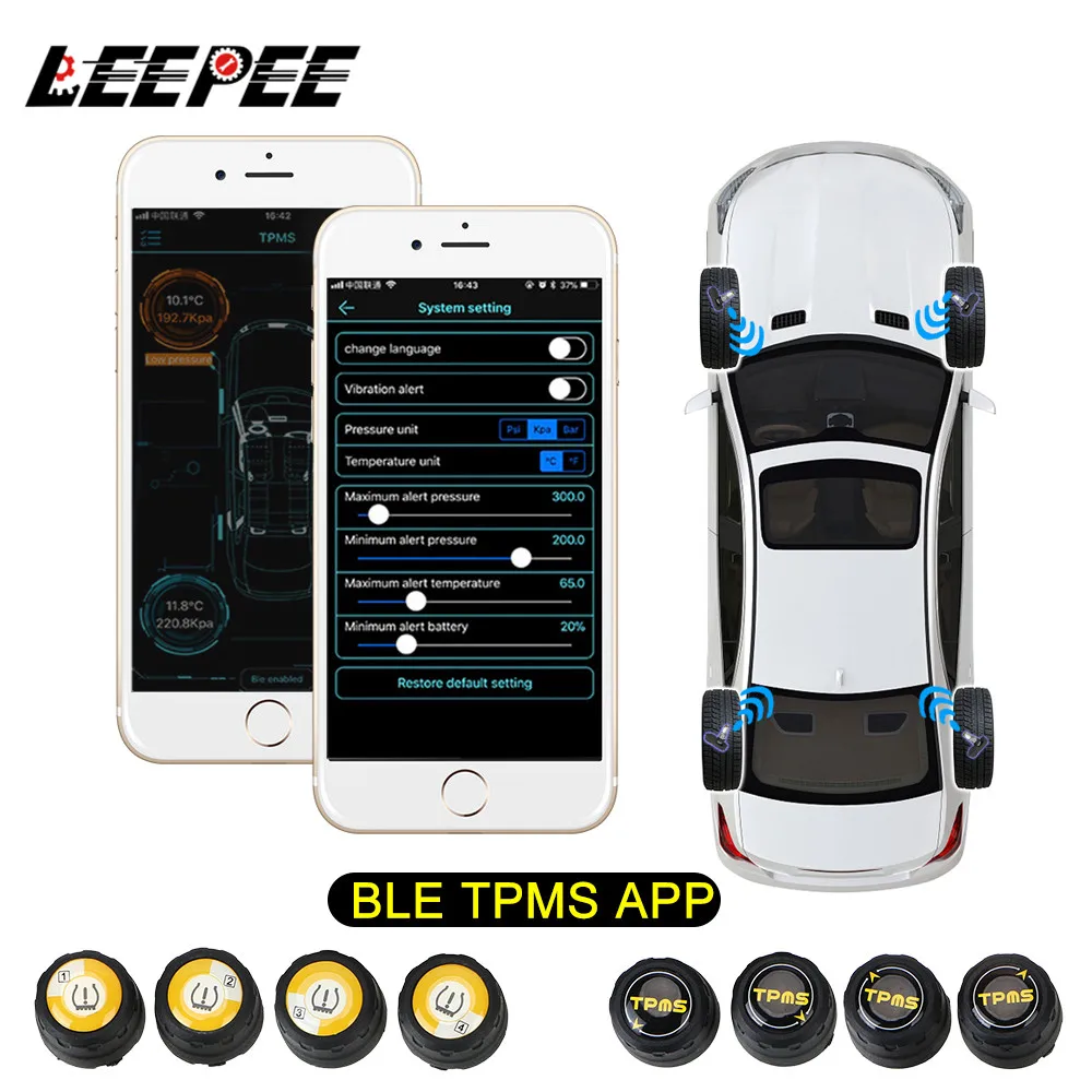 LEEPEE Bluetooth 4.0 5.0 Alarm Tire Pressure Sensors Android iOS BLE Tester Car TPMS Universal Tyre Pressure Monitoring System