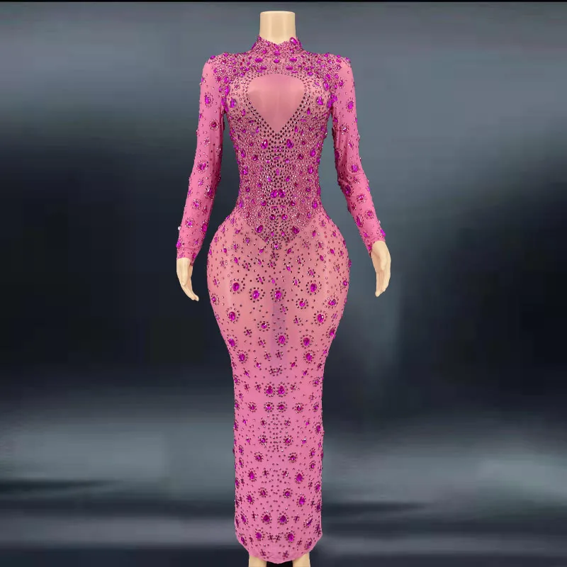 

Flashing pink Crystals Stones Sexy Transparent Long Dress Evening Birthday Celebrate Mesh Stretch Dance Long Sleeves Dress