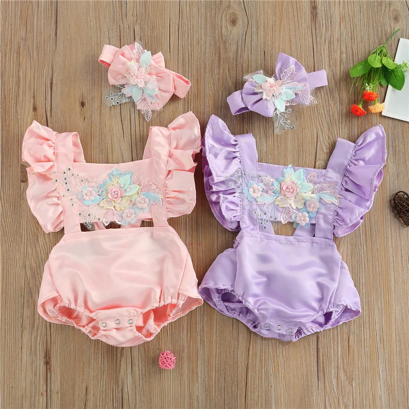 SUNSIOM Baby Girl Clothes Pearl Flower Embroidery Sleeveless Ruffle Romper Jumpsuit Headband Outfits Baby Summer Clothing