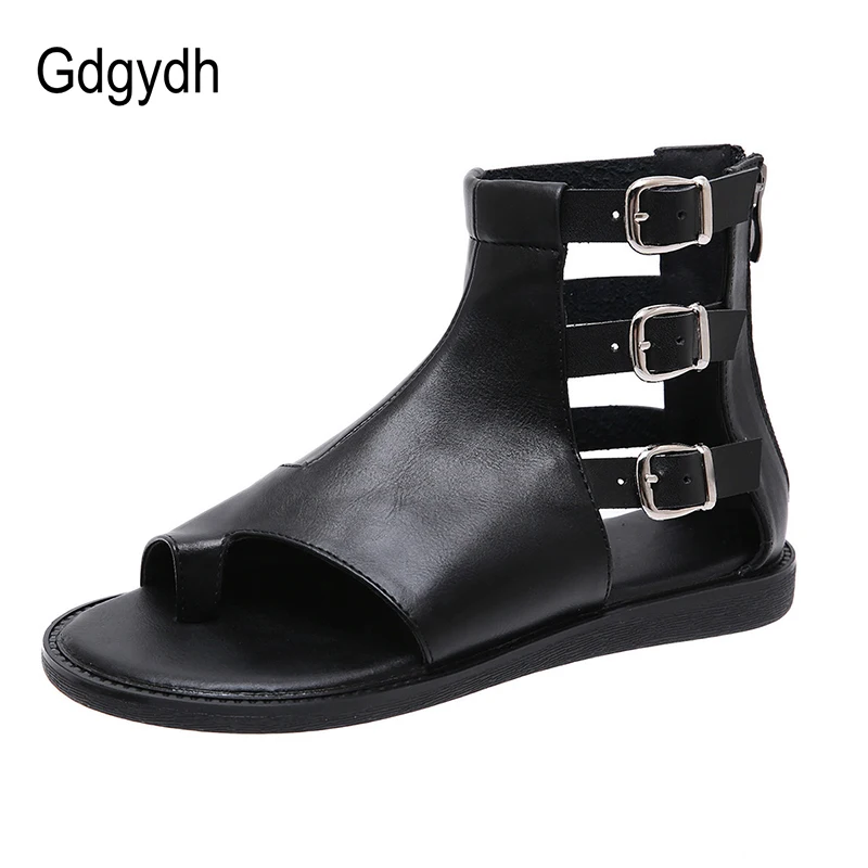 Gdgydh Retro Vintage Flat Sandals Summer Women Japanese Style Fashion Buckle Summer Shoes Open Toe Back Zipper Black Leather