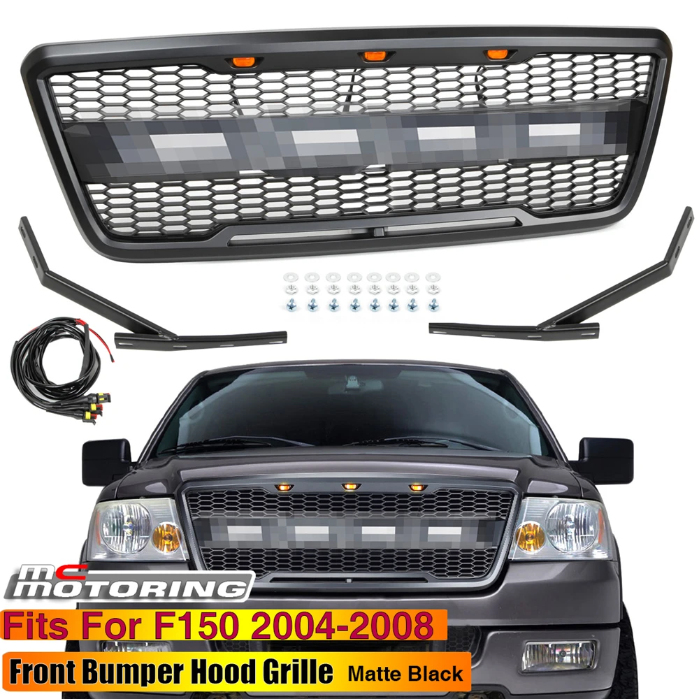 Griglia paraurti anteriore in ABS nero griglia stile Raptor con luci a LED ambra e lettere per Ford F150 2004-2008