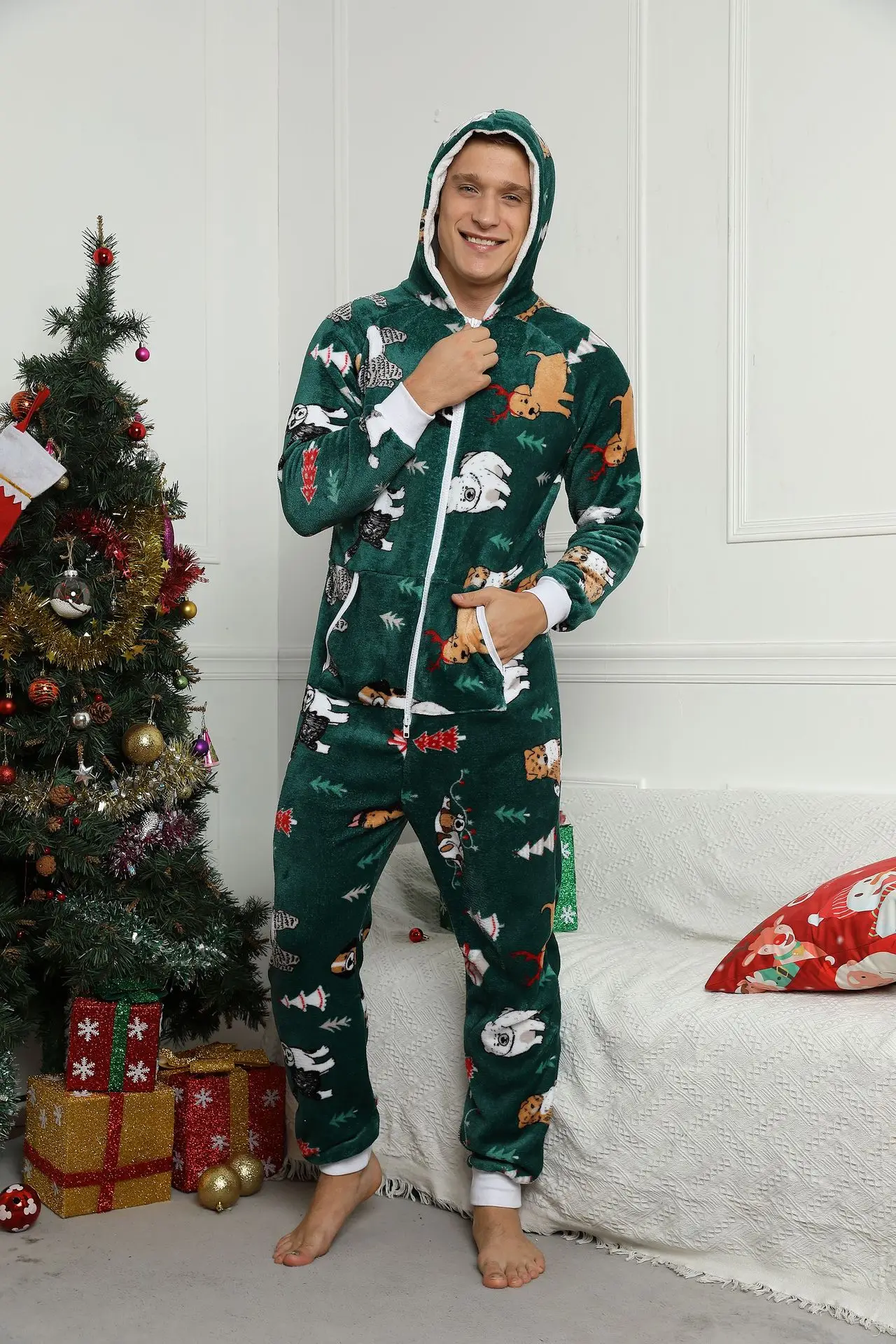 Pijama navideño de franela para hombre, ropa de dormir cálida y suave, mono de manga larga, Invierno