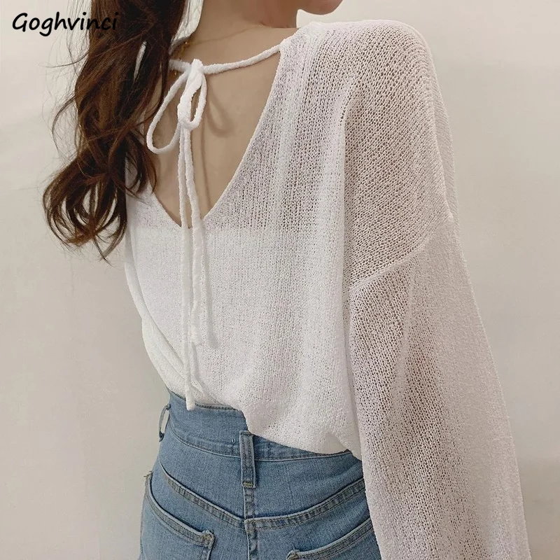 Blouse Women Solid Color Minimalist Long Sleeve Fairy Elegant V-neck Knitting Thin Breathable Soft Casual Basic Sun-proof Mujer