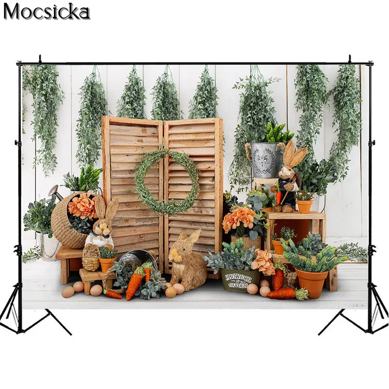 Easter Bunny การถ่ายภาพฉากหลังฤดูใบไม้ผลิดอกไม้พืชสีเขียวใบ Decor กระต่ายเด็ก Party Photcall ภาพพื้นหลัง Photostudio