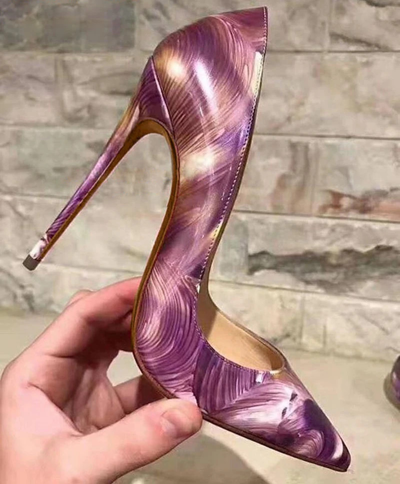 New Designer Purple Swirl Patent Leather Pumps Stiletto Heel Pointed toe Wedding Slip-On High Heels Party Dress Shoes