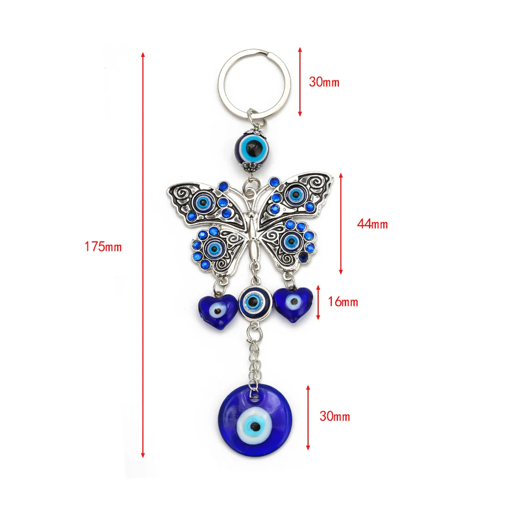 EVIL EYE Butterfly Keychain Key Chain Holder Alloy Silver Color Turkish Eye Car Keyring Wall Hanging Women Men Jewelry EY6533