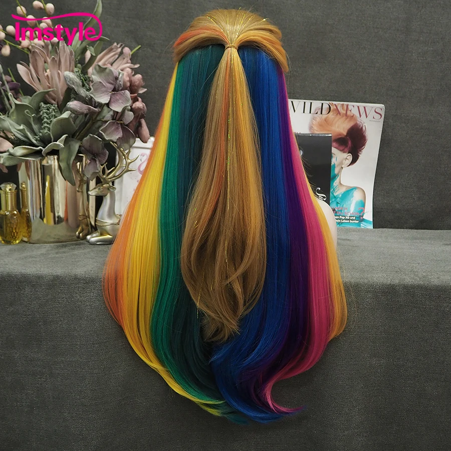 Imstyle Tinsel Wig Rainbow Synthetic Lace Front Wig Long Straight Hair Multicolor Wigs For Women Party Colorful Wig