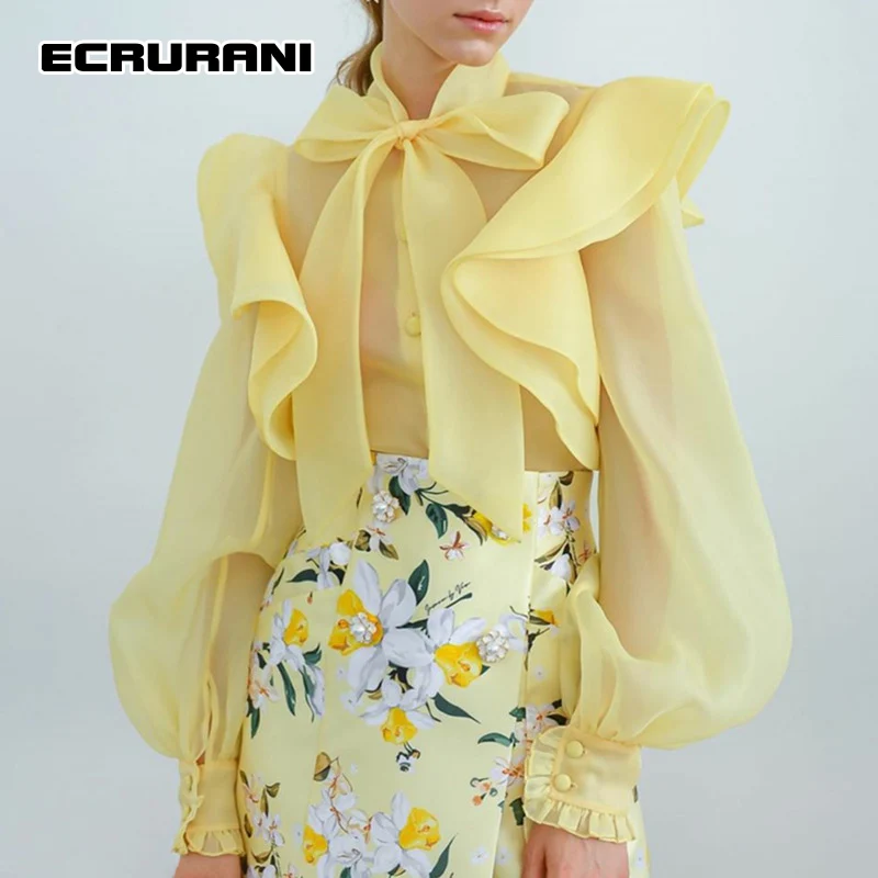 

ECRURANI Perspective Patchwork Ruffle Shirt For Women Stand Collar Long Sleeve Patchwork Bowknot Casual Blouse Female Fashion