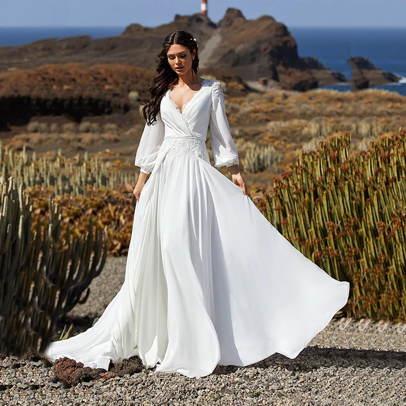 

Charming Boho Bridal Wedding Dress Long Puffy Sleeves V Neck Appliques Lace Bride Gowns Beach Vestido De Noiva Mariage