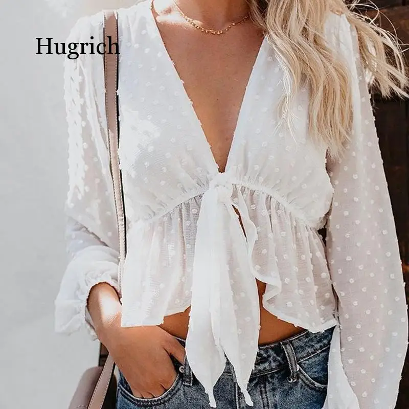 

Women Sexy Transparent White Shirt Pullover Polka Dot Deep V-neck Detachable Bow Ruffles Lantern Sleeve Crop Tops