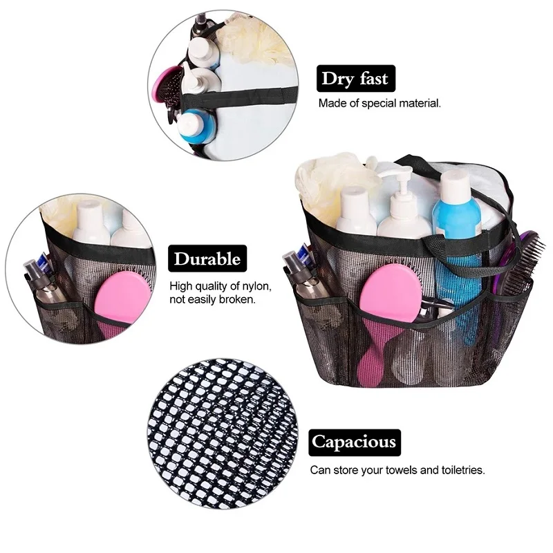 Bolsa de malla, bolsos de mano, Caddy de ducha, portátil para dormitorio universitario, bolsa de mano grande para baño, duradera con 8 bolsillos,