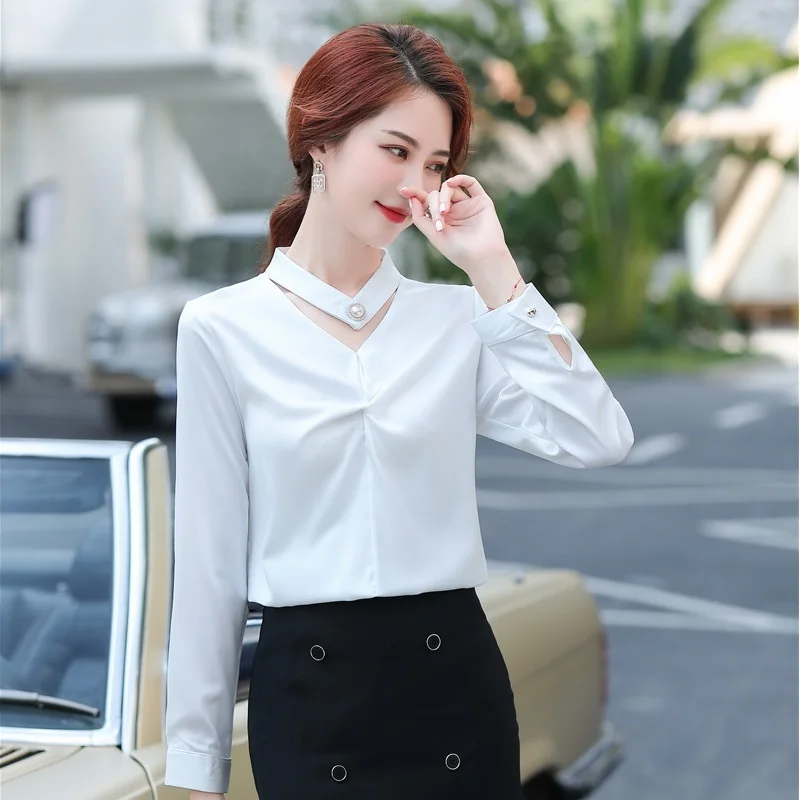 2021 Spring Autumn Fashion V-neck Simple Blouses and Shirt For Women Business Work Wear OL Style Long Sleeve Ladies Blouse Tops