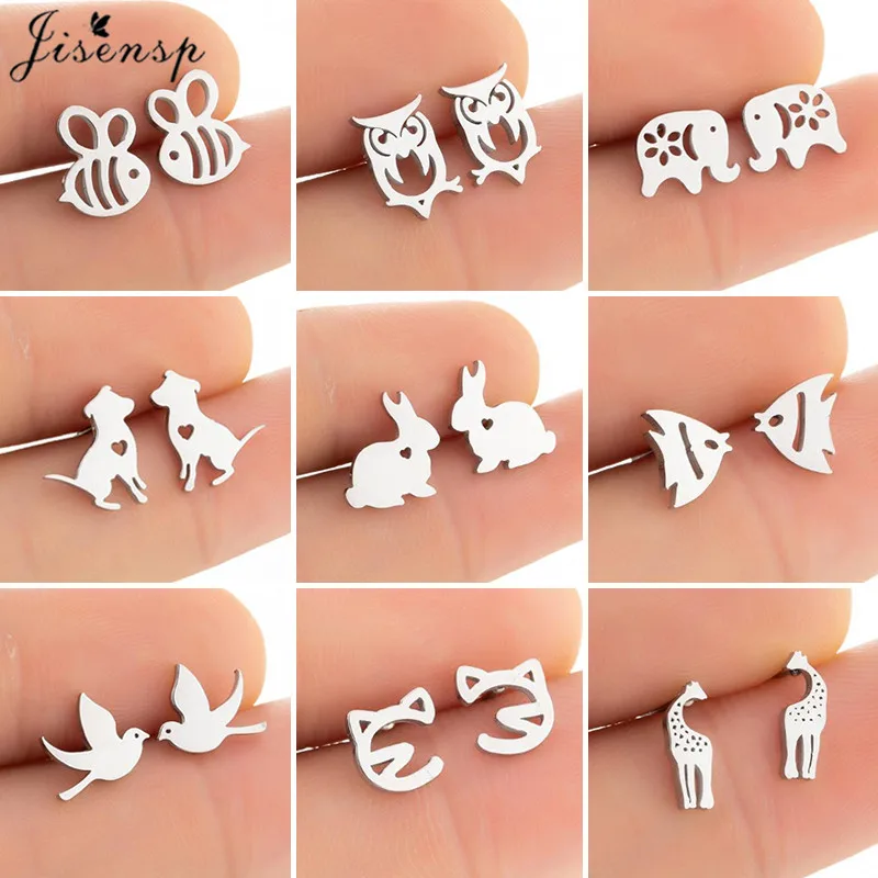 Tiny Stainless Steel Animal Stud Earrings for Women Minimalist Jewelry Cute Rabbit Giraffe Cat Fish Owl Earings Xmas Accessories