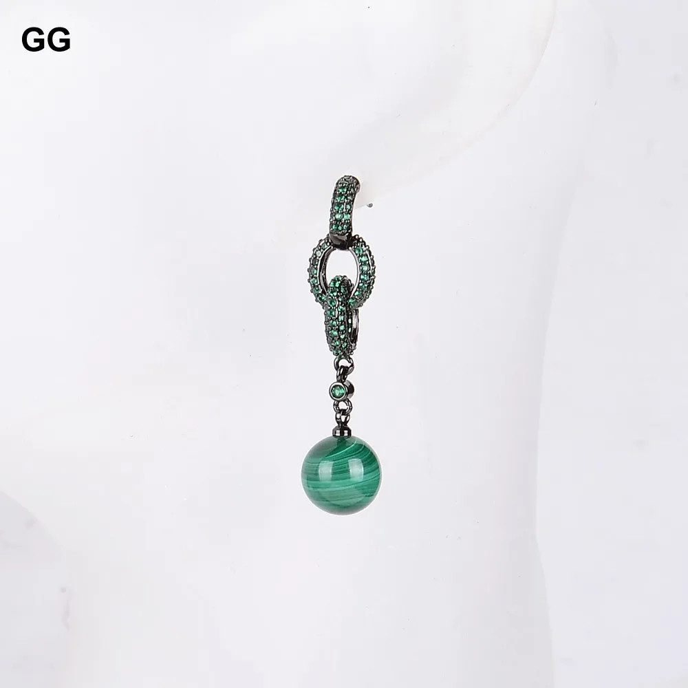 Natural Genuine round Green Malachite Green cubic zirconia pave gunmetal color plated Loop Stud Earrings luxulry for women