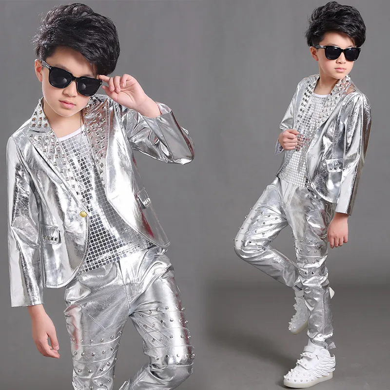 2020 Hip Hop Costumes Boys Long Sleeves Rivets Silver Coat Vest Pants Kids Jazz Performance Clothing Modern Stage Wear DNV14063