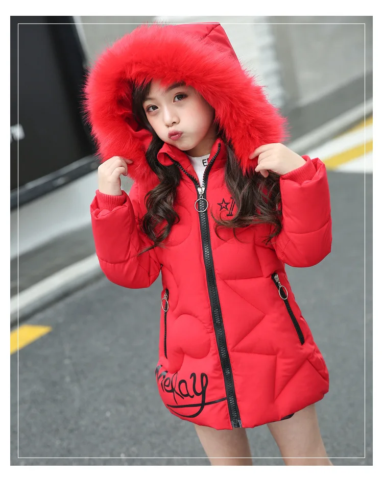 Teenager Big Size Thick Keeping Warm Winter Girls Jacket Slim Long Style Letter Hooded Coat For Girl Children Birthday Present