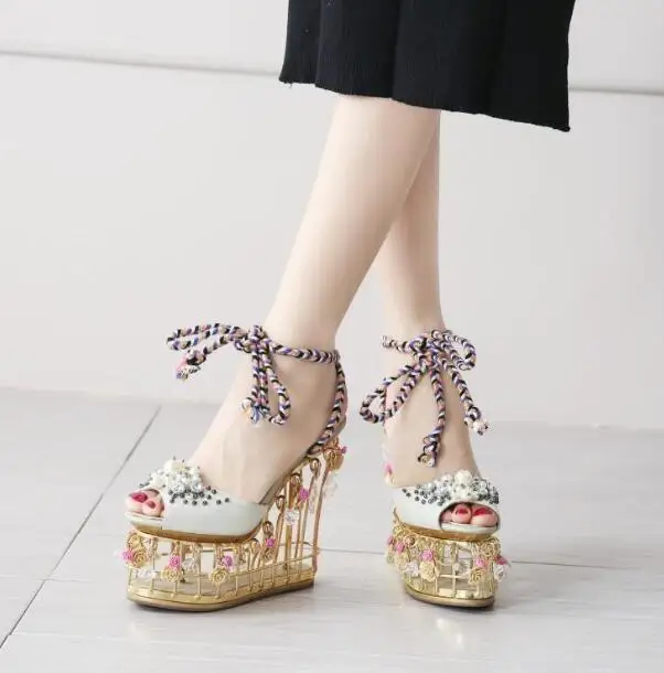 Cage Fretwork Wedge Heels Peep Toe Pearls Woman Ropes Lace Up Platform Sandals Sweet 3D Floral Iron Net Shoes