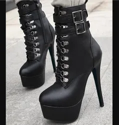 Women Autumn Ankle Boots Sexy High Heels Platform Boots Round Toe Leather Booties Black Shoes Ladies Party Shoes New