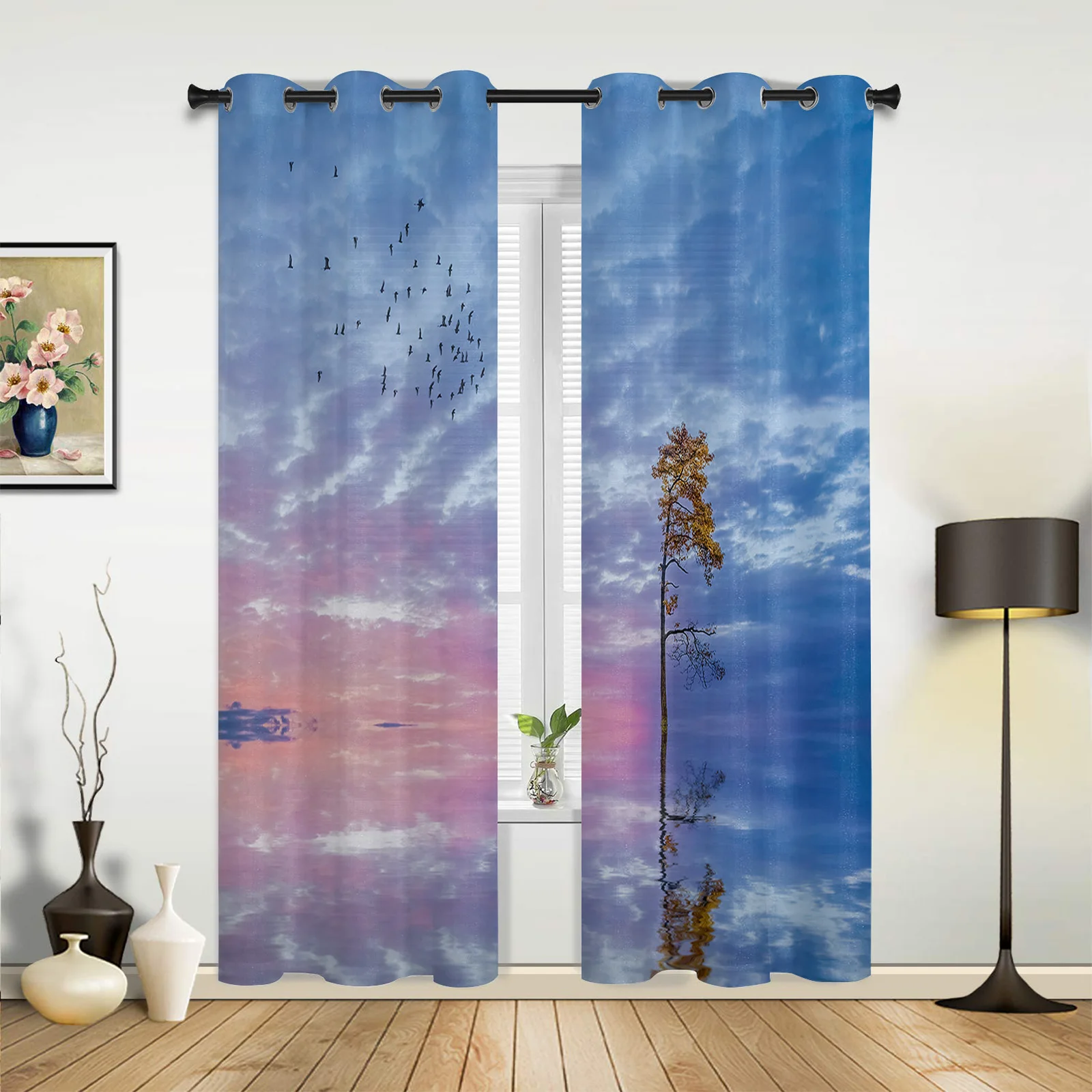 Lake Surface Tree Flying Bird Valance Window Curtains For Living Room Bedroom Kitchen Home Ready-made Youth Room Window Curtains