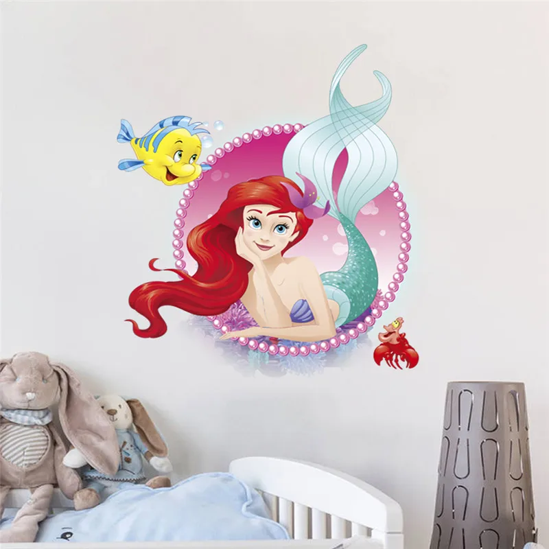 Cartoon Mermaid Ariel Princess With Flounder Froude Wall Stickers For Girls Room Home Bathroom Decoration Art Decals