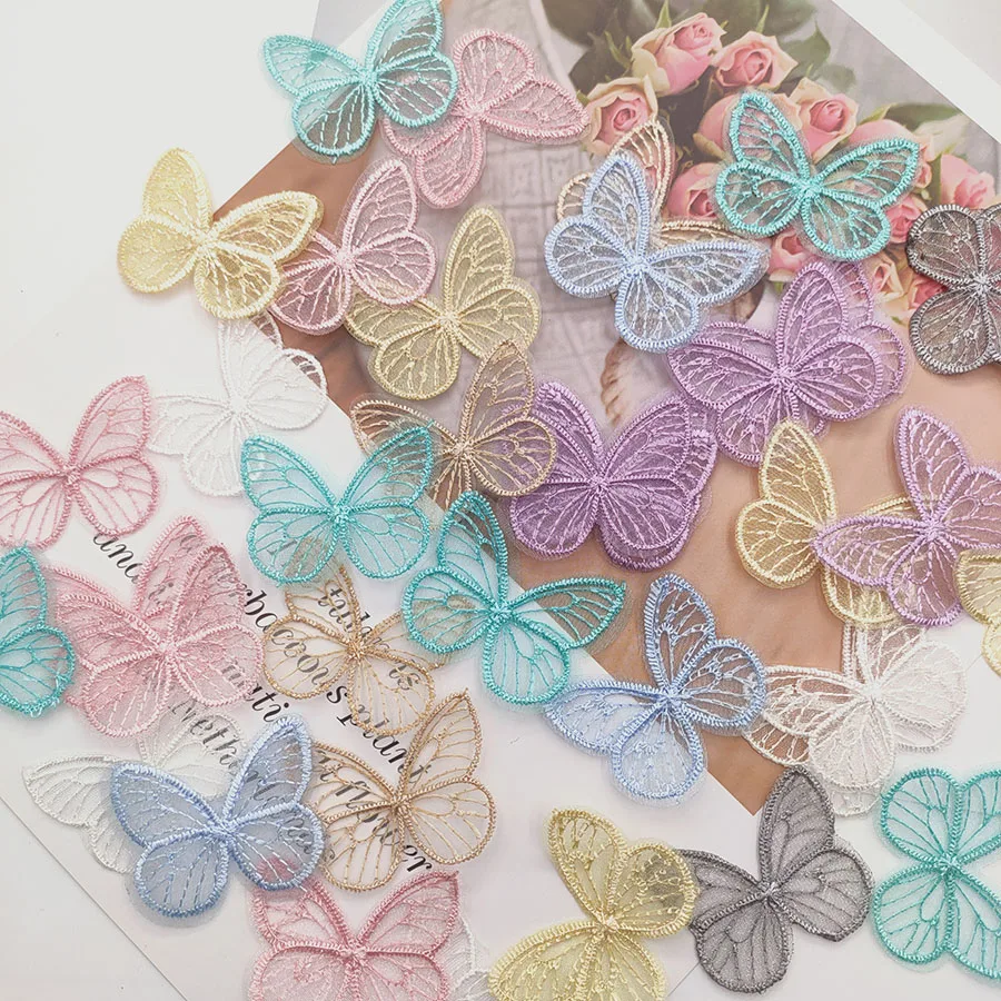 48pcs/lot 4.5*3.5cm Embroidered mesh butterfly cloth patches Appliques for Clothes Sewing Supplies DIY Hair Clip Accessories