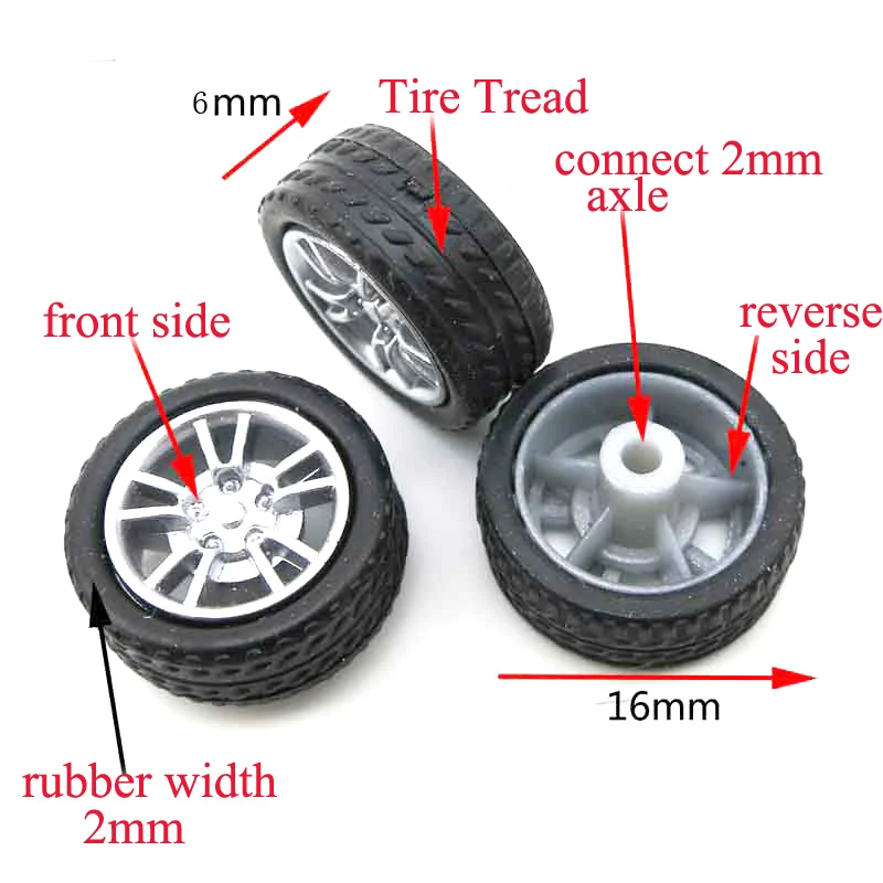 10PCS Diameter 16mm Toy Rubber Wheel Miniature Plastic Tires Thickness 6mm Micro Tyres Spare Parts for DIY RC Car Model 2mm Axle