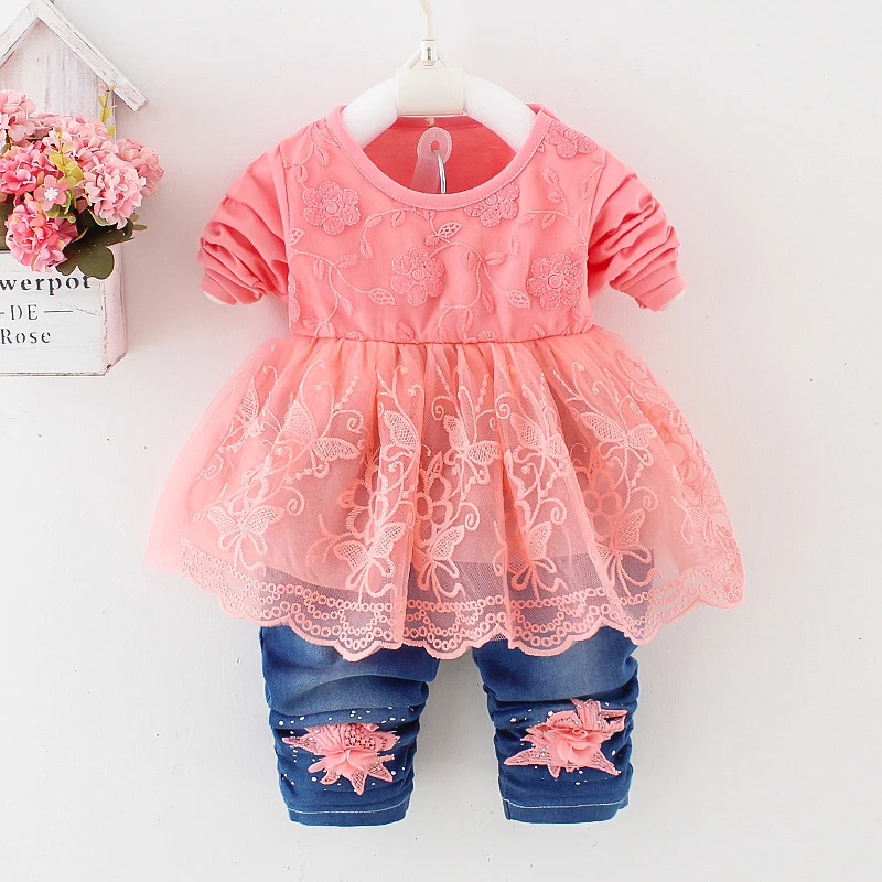 Spring Autumn Infant Toddler Baby Girl Denim Clothing Sets 3 pcs Long Sleeve T Shirt Tops Denim Jacket and Jeans Trousers