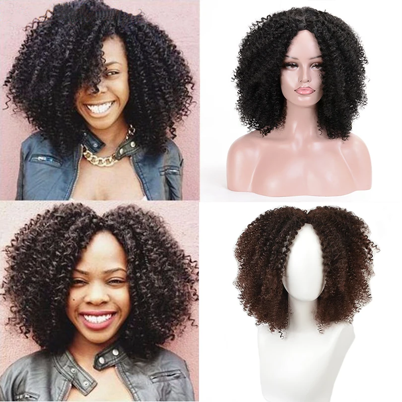 MSIWIGS Women\'s Short Afro Kinky Curly Wigs Ombre Brown Synthetic Middle Part Nature Hair Black Daily Party Headgear with Clips