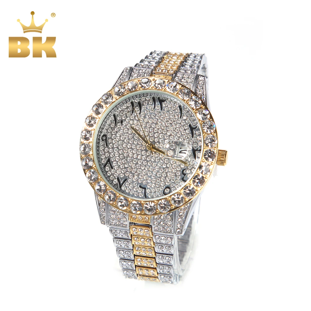 Часы наручные BLING KING мужские с большим циферблатом, роскошные классические золотистые, с арабскими цифрами, со сверкающими линзами, 18K Gold,