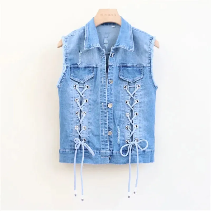 Fashion Cowboy Vest Female Spring Autumn 2024 New Tie Belt Bow Personality Street Stretch Denim Ladies Vest Tide