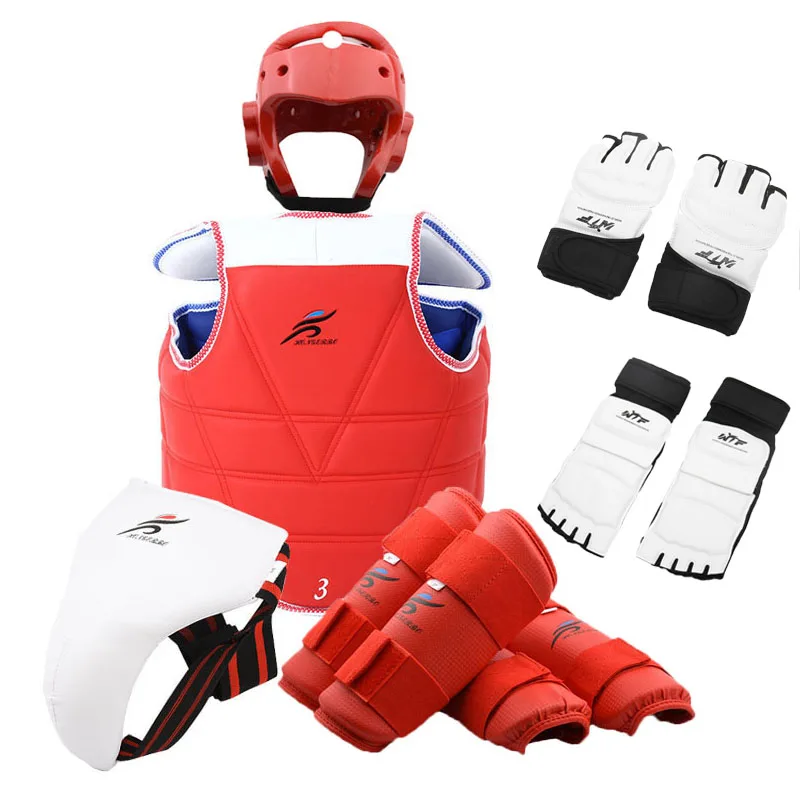 Taekwondo Suit Men Chest Protector Helmet Karate Jockstrap Shin Guard Boxing Women Palm Gloves Martial Arts Sparring Gear Set