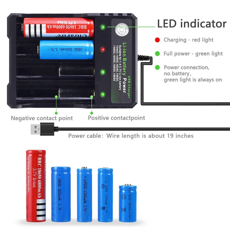 4 Slot Battery Charger for Rechargeable Batteries 3.7V Li-ion 18650 14500 16340 10440 Universal Multi-function USB Charger