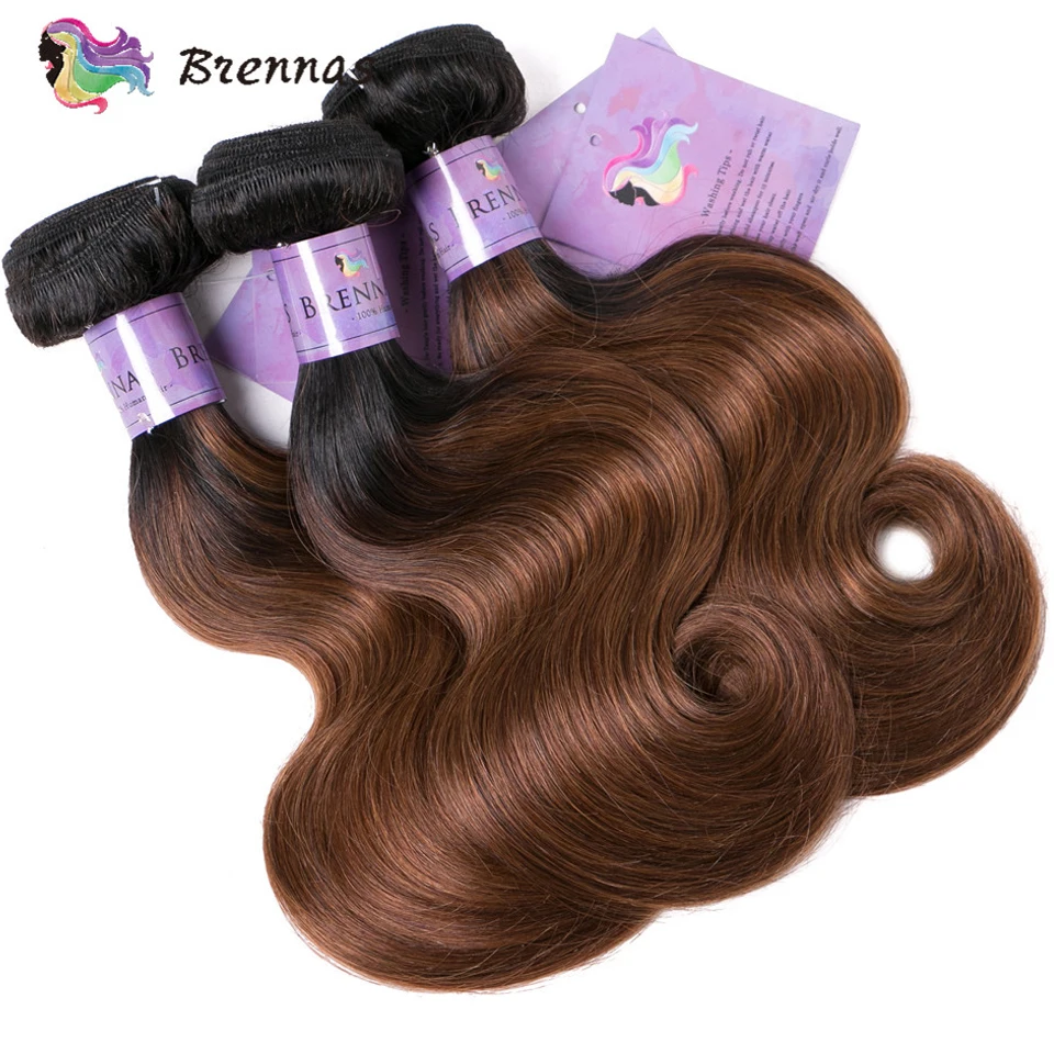 Extensiones de cabello humano ondulado para mujeres negras, mechones de pelo ombré con ondas corporales brasileñas 1b/30, 3 mechones con cierre de encaje 4x4