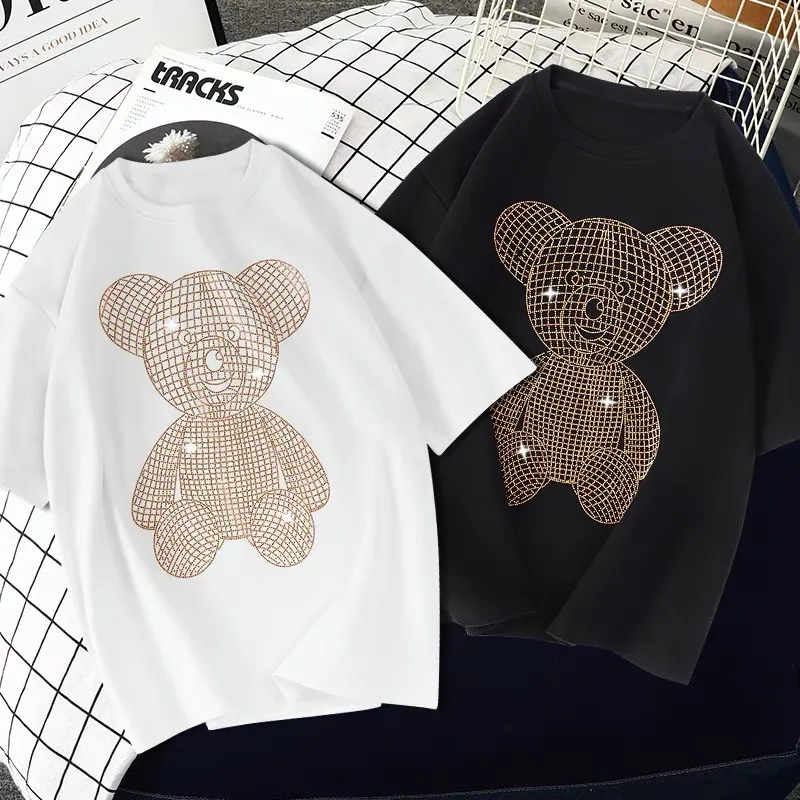 

Fashion Summer Top T-shirt Women's T-shirt Summer Loose Heavy Industry Hot Drilling Bear Half-sleeved T-shirt Women M-xxl