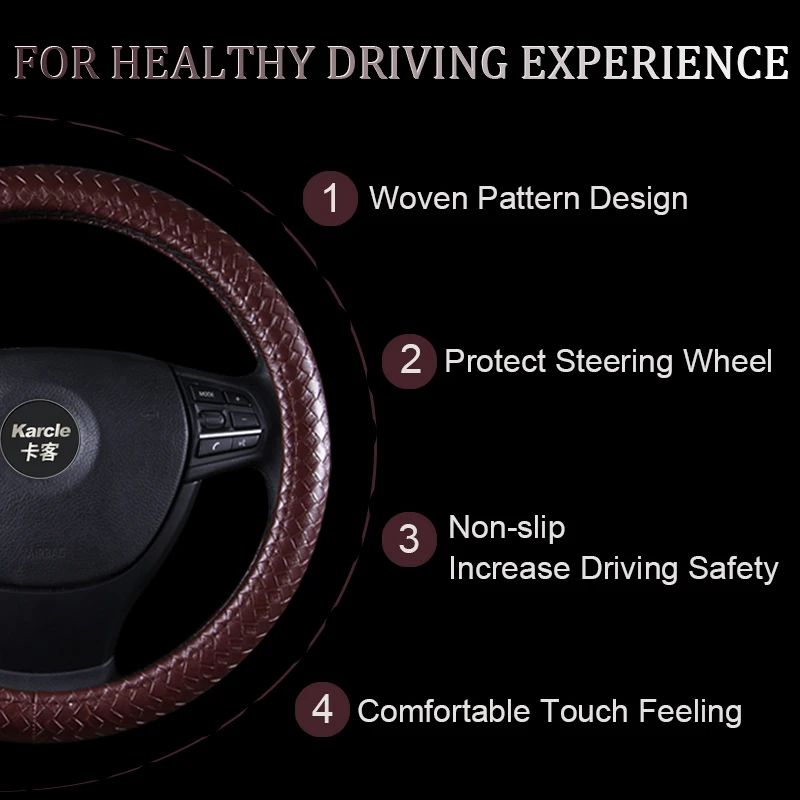 Karcle Braiding Style Steering Wheel Cover Protector PU Leather Woven Pattern Steering Cover Universal 15 Inch Car Styling