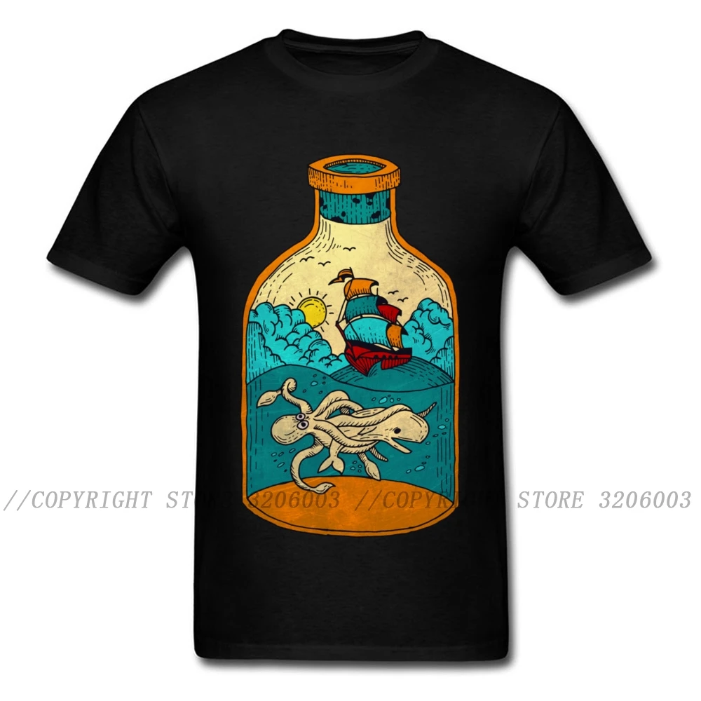 Bottle Summer Time 2018 Men T Shirt Novelty Design Vintage Painting Cartoon Ship Octopus Sea Whale Print Black T-shirt