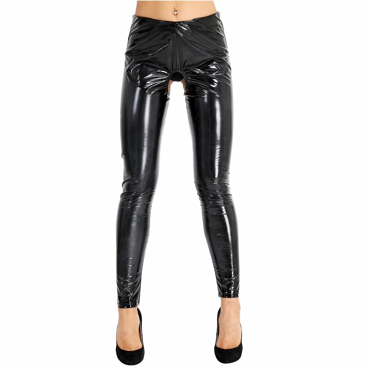 Sexy Womens Wetlook Patent Leather Latex Pants Sexy Open Crotch Butt Pencil Leggings Pants Clubwear Hot Skinny Stretchy Trousers