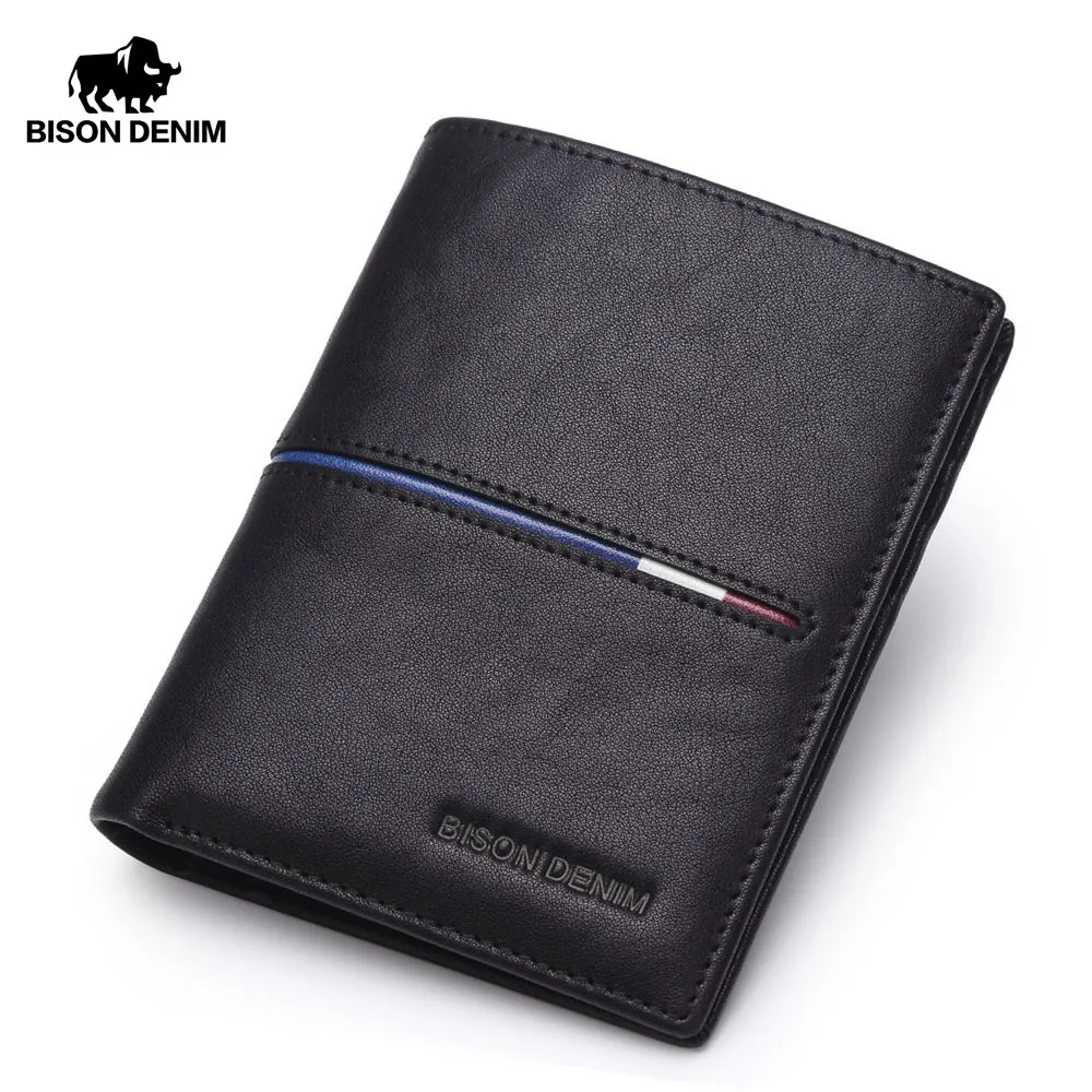 BISON DENIM Genuine Leather Wallet Men Brand Fashion Short Purses Coin Purse ID Credit Card Holder Slim Bifold Wallet Men