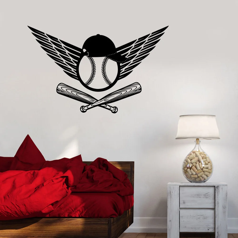 Cartoon Wall Sticker Baseball Wings Hat Bat Sports Wall Decal Home Decor Boys Bedroom Headboard Wardrobe Ceiling Decoration Z189