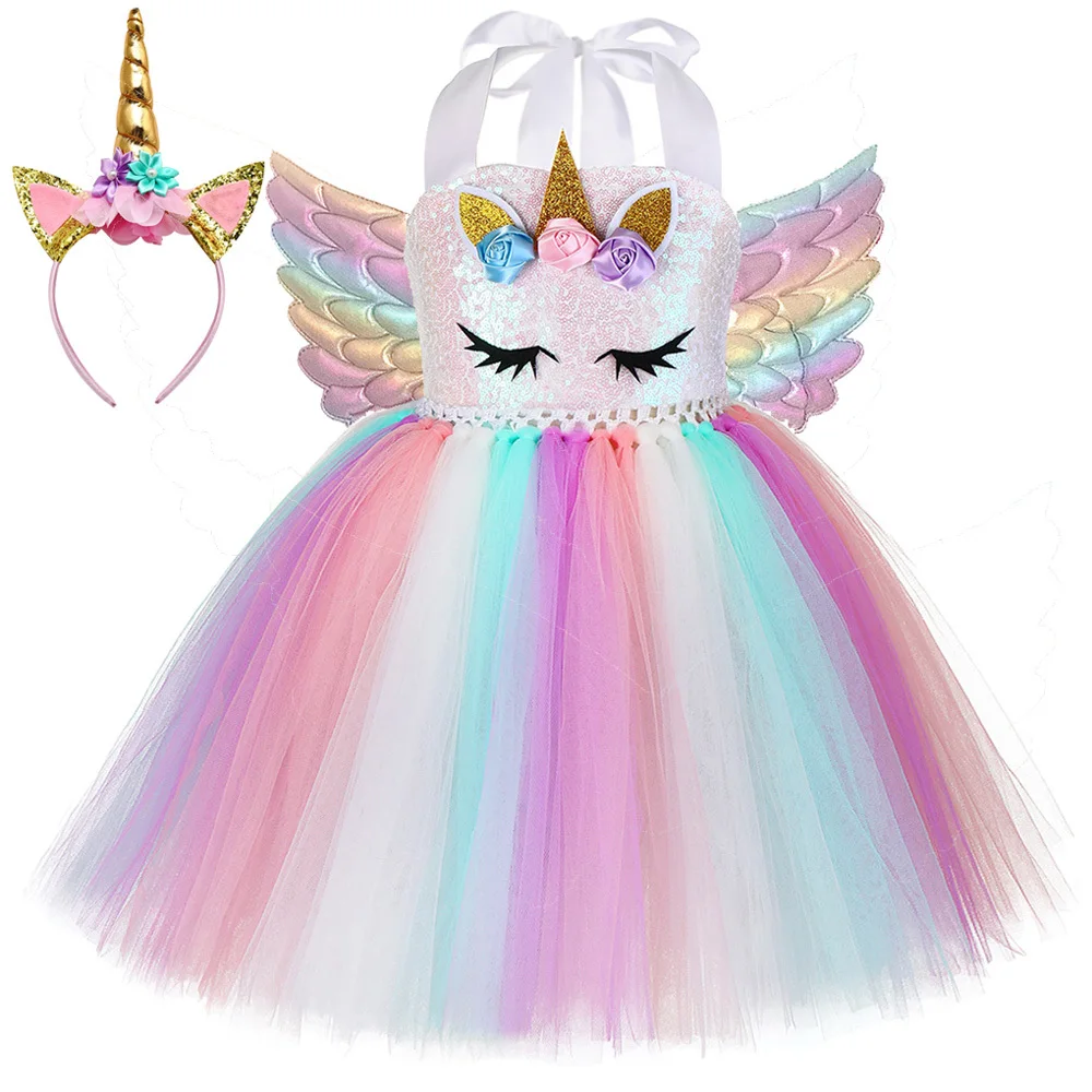 Pastel Sequins Girls Unicorn Dress with Wings Headband Outfit Toddler Baby Girl Unicorns Costumes for Halloween Birthday Dresses